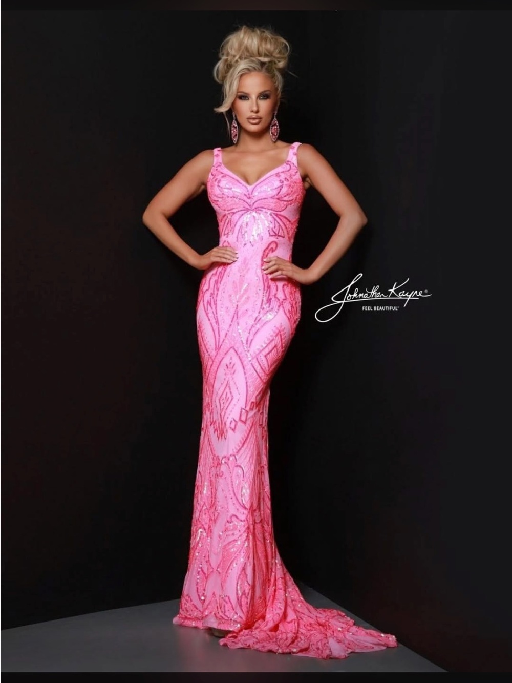 Johnathan Kayne Hot Pink Sequin-Embellished Maxi Gown